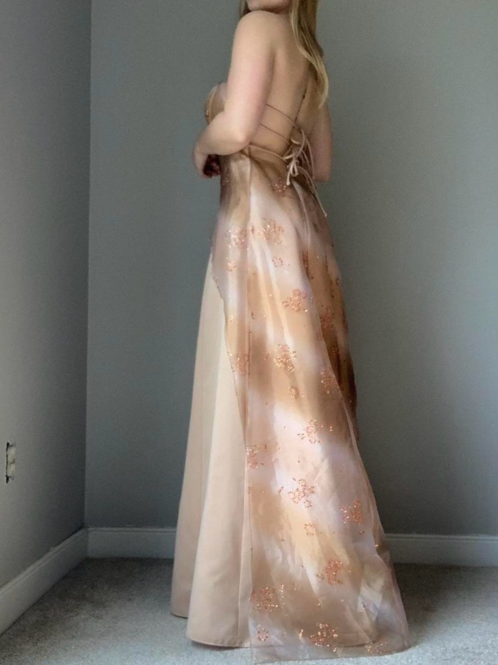 Elegant Champagne Glittery Tie-Back Formal Dress